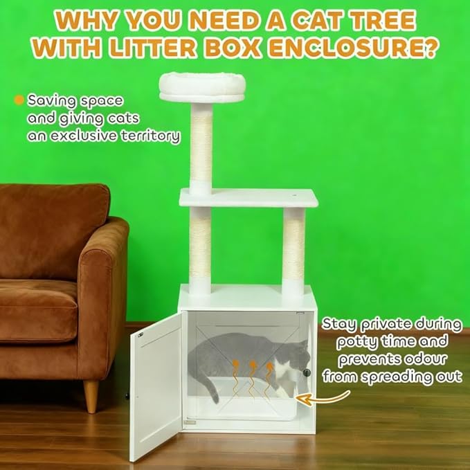 Premium Cat Tree Tower with Scratching Posts, Cozy Condos, and Hammock for Indoor Cats – Stylish Vertical Play Center (White + MDF + Polyester)