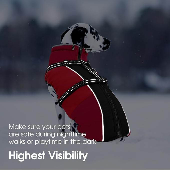 SUNFURA Dog Coat, XXXL Dog Jacket with Harness Built in, Waterproof Pet Winter Coat Snowsuit with Zip, Reflective Fleece Jacket for Extra Large Dogs, Great Dane, Red 3XL