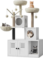 53.7-Inch Cat Tree, Wooden Hidden Litter Box Furniture with Cat Condo/Hammock/Scratching Post, 2-in-1 Modern Cat Tower with Plush Perch/Removable Pompom Sticks/Caves, Suitable for Types of Cats