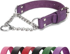 Martingale Collar for Dogs No-Pull Adjustable Training Collar with Stainless Steel Chain - Genuine Leather Anti-Slip Design for Small,Medium,Large Breed Dogs - Purple (S)