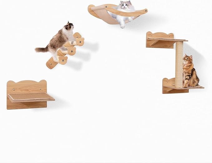 Tangkula Cat Wall Shelves, 4 Pieces Wooden Wall Mounted Kitten Furniture Set with Hammock, 2-Step Cat Tree, Non-Slip Pads, Sisal Stairs & Scratching Posts, Modern Cat Climber Steps (Natural)