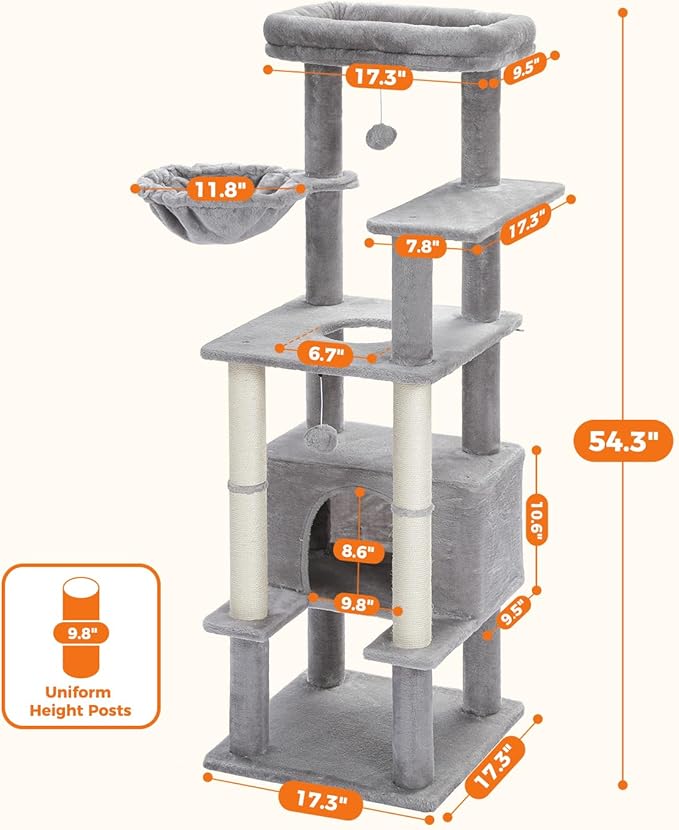 PEQULTI 54" Cat Tree for Indoor Cats, Multi-Level Cat Tower with Cozy Cat Condo Clearance Prime, Grey
