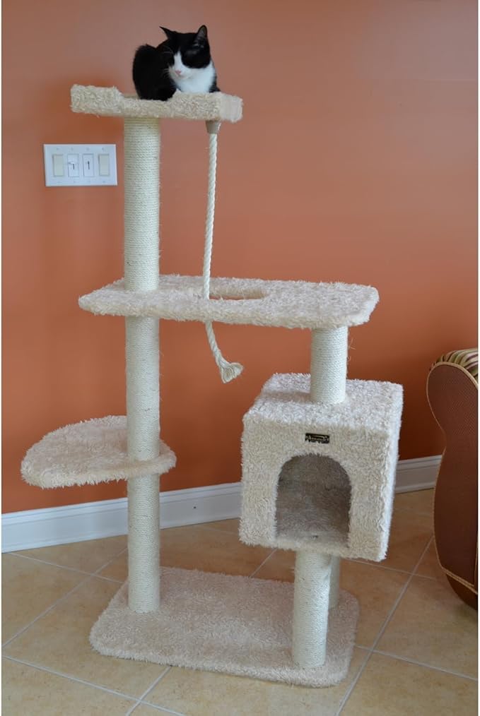 Maykoosh Faux Fur Cat Tree with Ramp & Playhouse - 40" x 20" x 57" - Beige