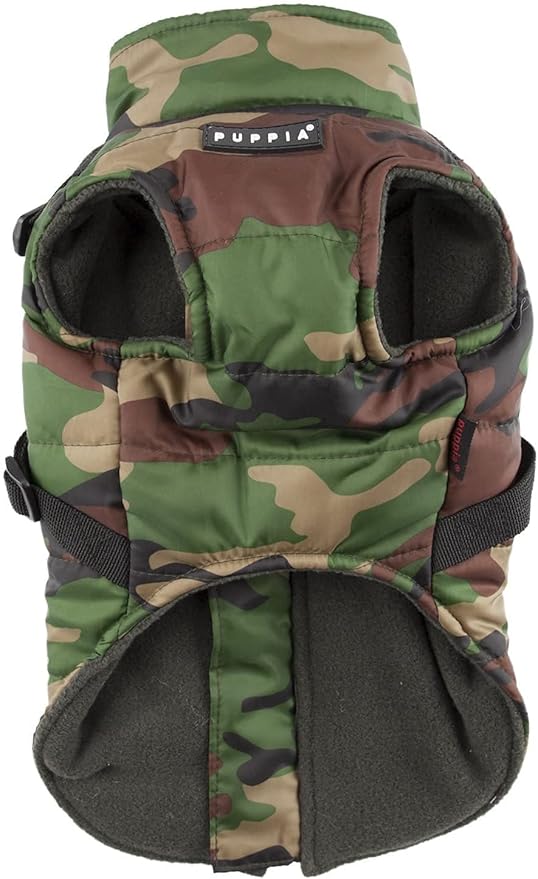 Puppia Mountaineer Winter Dog Coat with integrated harness No Pull Cold Weather Waterproof Warm Fleece Back Zipper for Small & Medium Dog, CAMO, XX-Large