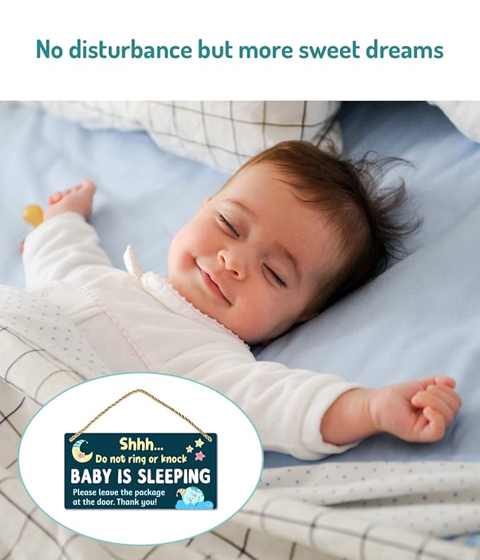 Funplus Baby Sleeping Sign for Front Door - Do Not Knock or Ring - 10″x5″ PVC Plastic Hanging Sign，Please do not knock or ring the bell, it upsets the dog, which upsets the baby, which upsets mom