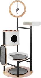 66-Inch Tall Cat Tree with Scratching Post Wooden Cat Tower with Dangling Ball Platform Hammock for Indoor Cats Large Adult