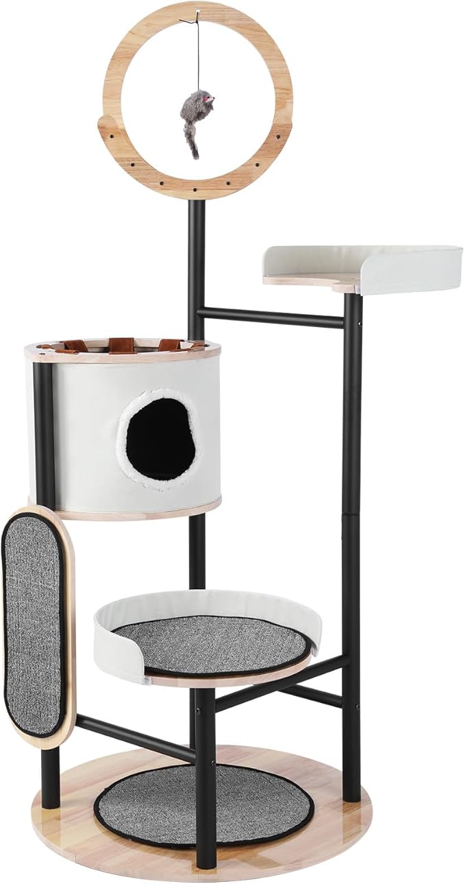 66-Inch Tall Cat Tree with Scratching Post Wooden Cat Tower with Dangling Ball Platform Hammock for Indoor Cats Large Adult