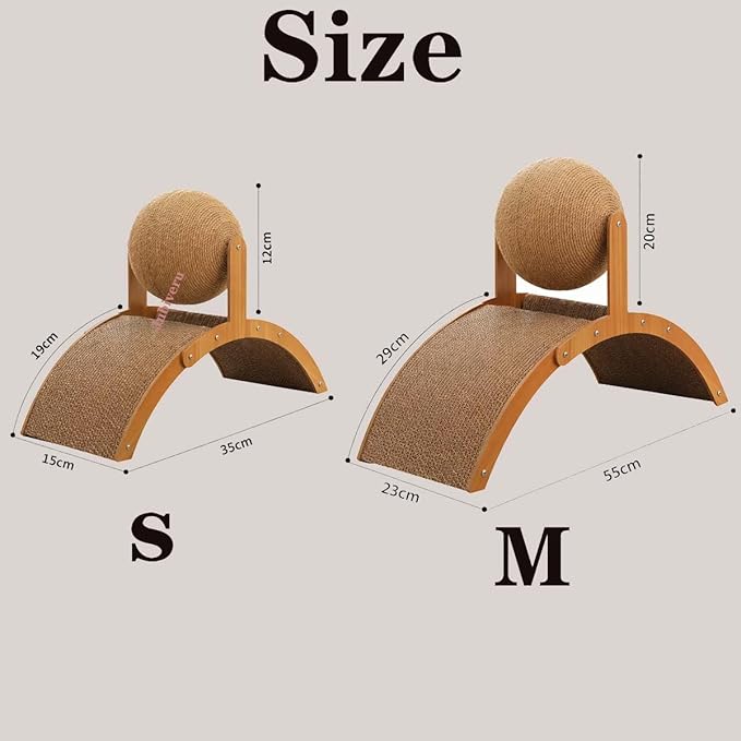 Cat Scratching Ball on Stand, Solid Wood Slanted Cat Scratching Board Design, 2-in-1 Interactive Cat Scratcher Toy with Arch Bridge and 360° Rotating Natural Sisal Ball for Indoor Cat Kittens (M)