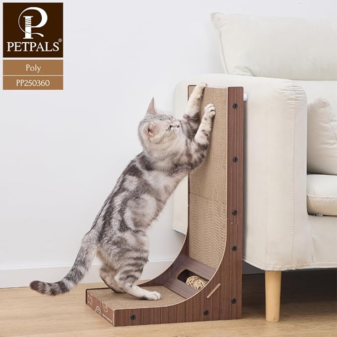 Petpals Cardboard Cat Scratching Pad, 24" Double Side L Shaped Corrugate Cardboard Scratching Pad, Couch Sofa Protector Scratcher,Cat Scratcher with Rattan Ball Toys.