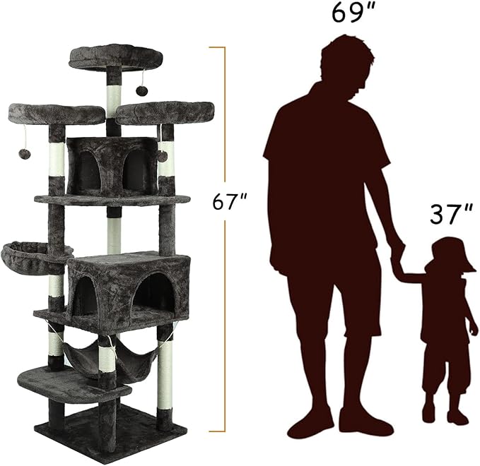 Confote Large Cat Tree 67 Inch Multi-Level Cat Tower with Padded Top Perch,Hammock,Basket,Scratching Posts for Indoor Cat Play House Kitty Activity Center