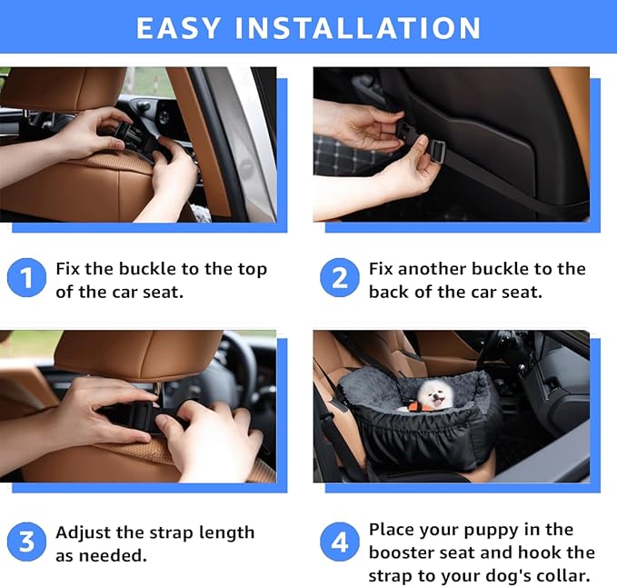 Dog Car Seat for Small Dogs, Washable Pet Booster Seats with Clip-On Safety Leash, Comfy Deluxe Plush Carseat with Storage Pockets, Puppy Car Travel Carrier Bed for Dogs Under 25 lbs, Black