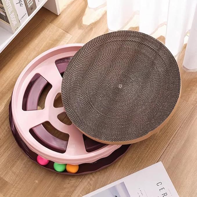 Double Layer Cat Scratcher Toy with Balls, Large PET Resin Scratching Board and Lounge with Replaceable Cardboard Layers for Cats, Furniture Protector (Pink)