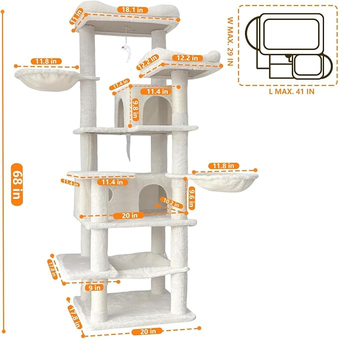 68 Inches Multi-Level Large and Tall Cat Tree Tower for Indoor Cats/Removable Pad/Cat Condo/Sisal Scratching Posts/Hammock/Cat Activity Center/Wide Base