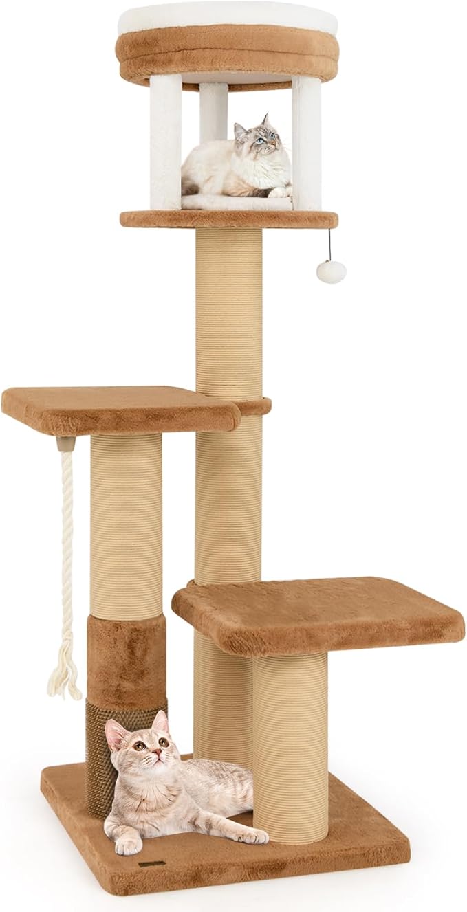 PETSITE 65 Inch Tall Cat Tree, Multi-Level Cat Tower with Scratching Posts, Soft Faux Rabbit Fur Padded Perches, Removable Cushion, Sisal Rope, and Dangling Ball, Modern Cat Tree Tower for Indoor Cats