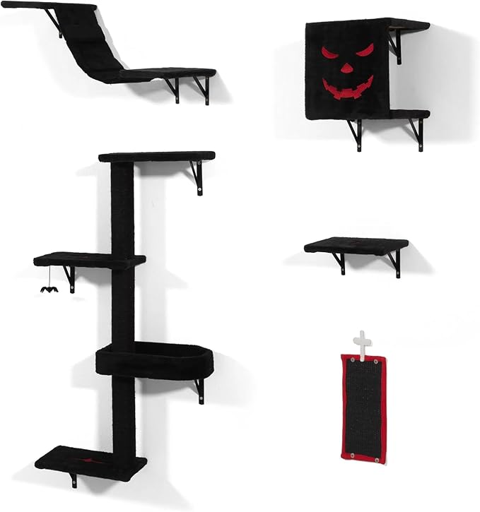 Wall Mounted Cat Furniture - 5pcs Cat Wall Shelves, Luxury Stable Wooden Climber with Cat House, Bridge, Tree, Steps, and Scratcher