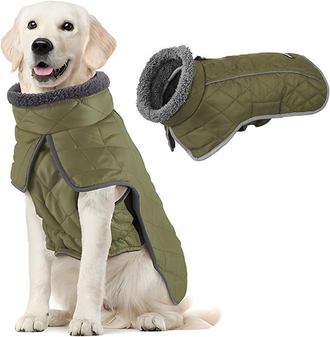 Fragralley Dog Coat Large, Waterproof Dog Jacket with Warm Fleece Lining, Adjustable Reflective Dogs Winter Coat, Turtleneck Pet Coats for Cold Weather (ArmyGreen XL)