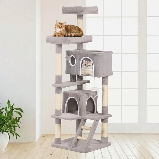 Cat Tree Tower 60inch - Multi-Level Indoor Activity Center with Sisal Scratching Posts, Condo, Plush Perch & Hanging Toys for Large Cats (Light Gray)