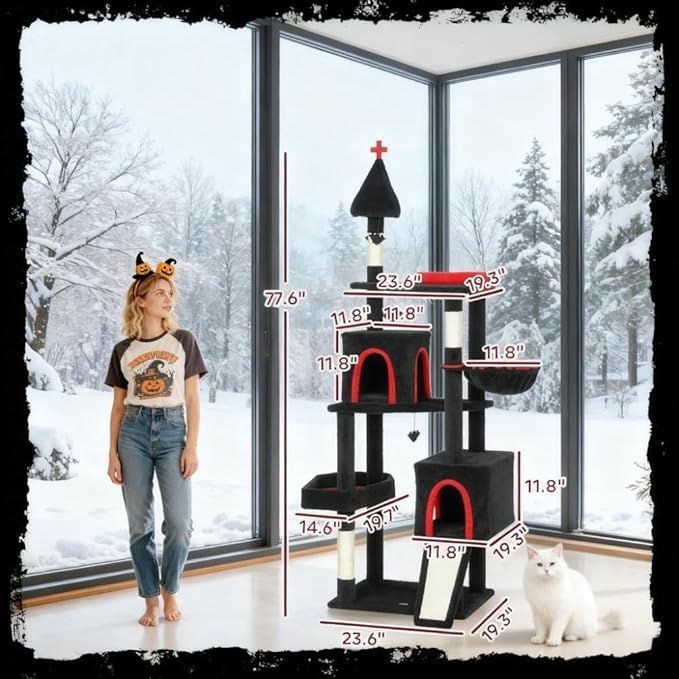 Premium Cat Tree Tower with Scratching Posts, Cozy Condos, and Hammock for Indoor Cats – Stylish Vertical Play Center (Black Multi + Cotton + Particle Board)