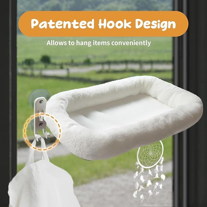 Cordless Cat Window Perch, Foldable Cat Window Hammock, 4 Strong Suction Cups, Solid Metal Frame, Patented Hook Design (Cushion White L)