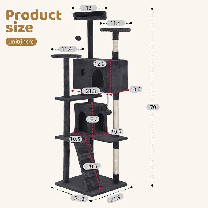 BestOffice 70 Inch Cat Tree, Multi-Level Cat Tower with Condo, Perches, Sisal Scratching Posts, Climbing Ladder,Indoor Activity Center Play House for Kittens & Adult Cats, Dark Gray