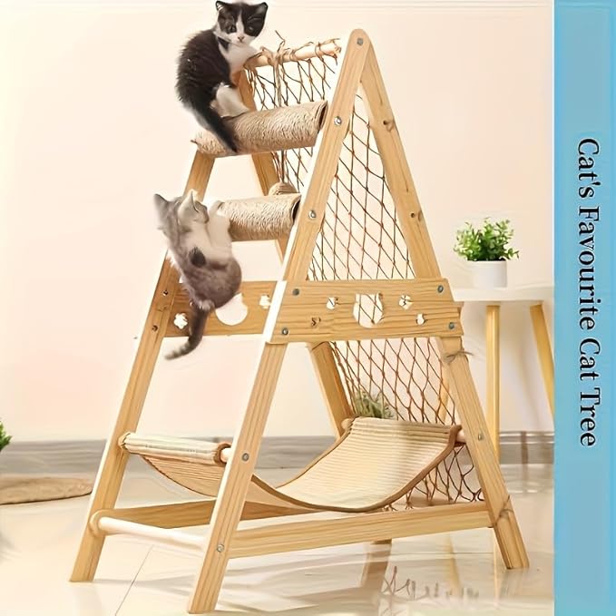 Modern Wooden Cat Tree Tower with Cozy House, Soft Hammock, Scratching Posts and Multi-Level Platforms for Cats to Climb, Rest, and Play