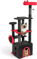 Outvita Halloween Large Cat Tree,53.1" Gothic Cat Tower with Padded Perch, Spacious Condo, Comfy Hammock, Scratching Post, Hanging Toy for Indoor Cats, Red & Black