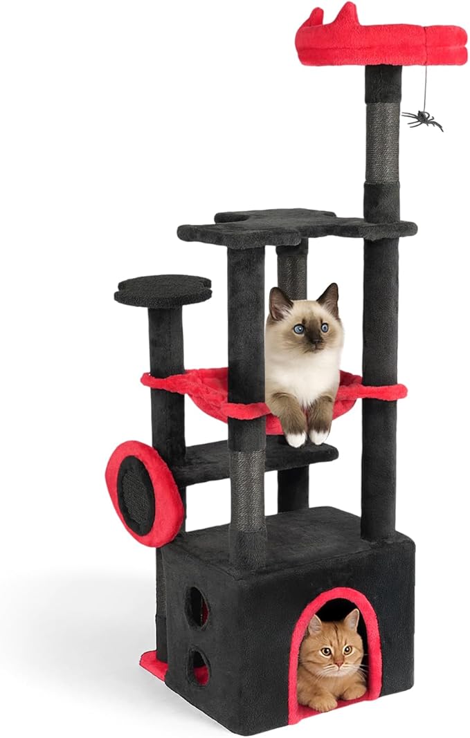 Outvita Halloween Large Cat Tree,53.1" Gothic Cat Tower with Padded Perch, Spacious Condo, Comfy Hammock, Scratching Post, Hanging Toy for Indoor Cats, Red & Black