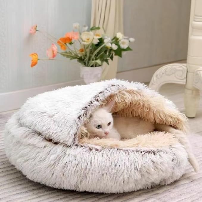 Cat Bed Round Fluffy Hooded Cat Bed Cave, Anti-Anxiety Cave Bed with Hooded Blanket, Cozy Cuddler Luxury Puppy Pet Bed, Anti-Slip Bottom and Machine Washable (Coffee, Large)