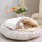Cat Bed Round Fluffy Hooded Cat Bed Cave, Anti-Anxiety Cave Bed with Hooded Blanket, Cozy Cuddler Luxury Puppy Pet Bed, Anti-Slip Bottom and Machine Washable (Coffee, Large)
