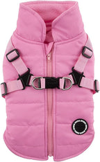 Puppia Mountaineer Winter Dog Coat with integrated harness No Pull Cold Weather Waterproof Warm Fleece Back Zipper for Small & Medium Dog, PINK, Medium
