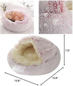 Cat Bed Round Fluffy Hooded Cat Bed Cave, Anti-Anxiety Cave Bed with Hooded Blanket, Cozy Cuddler Luxury Puppy Pet Bed, Anti-Slip Bottom and Machine Washable (Pink, Large)
