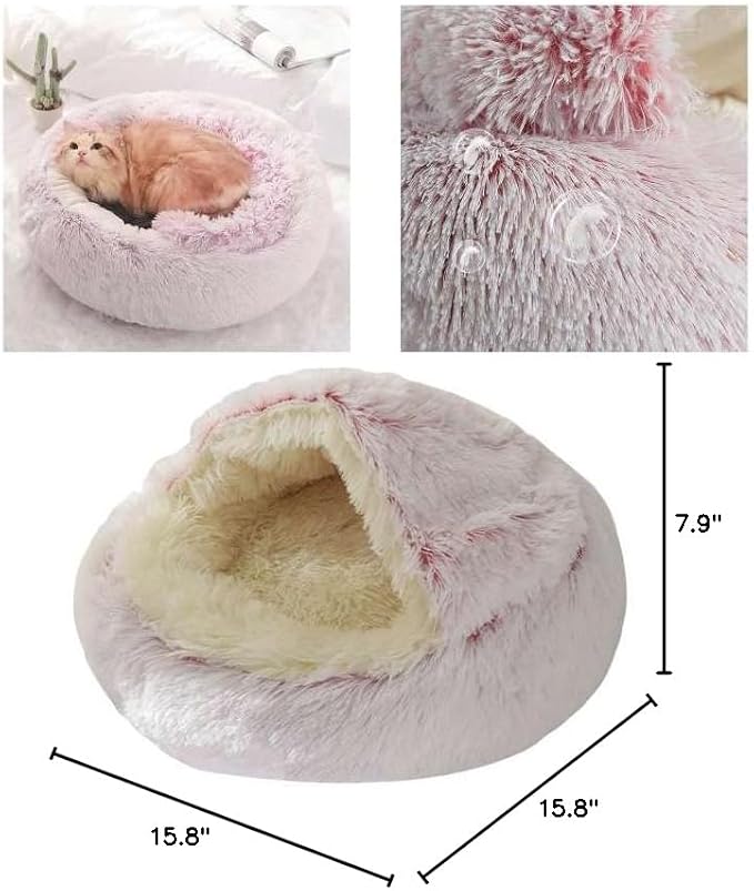 Cat Bed Round Fluffy Hooded Cat Bed Cave, Anti-Anxiety Cave Bed with Hooded Blanket, Cozy Cuddler Luxury Puppy Pet Bed, Anti-Slip Bottom and Machine Washable (Pink, Large)