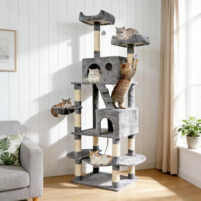 Pawly 70" Extra Tall Cat Tree with Dual Hammocks & Enlarged Condos, Premium CARB P2-Compliant Particle Board, 350G Plush Natural Sisal Cat Tower for Big Cats & Multi-Cat Families, Gray