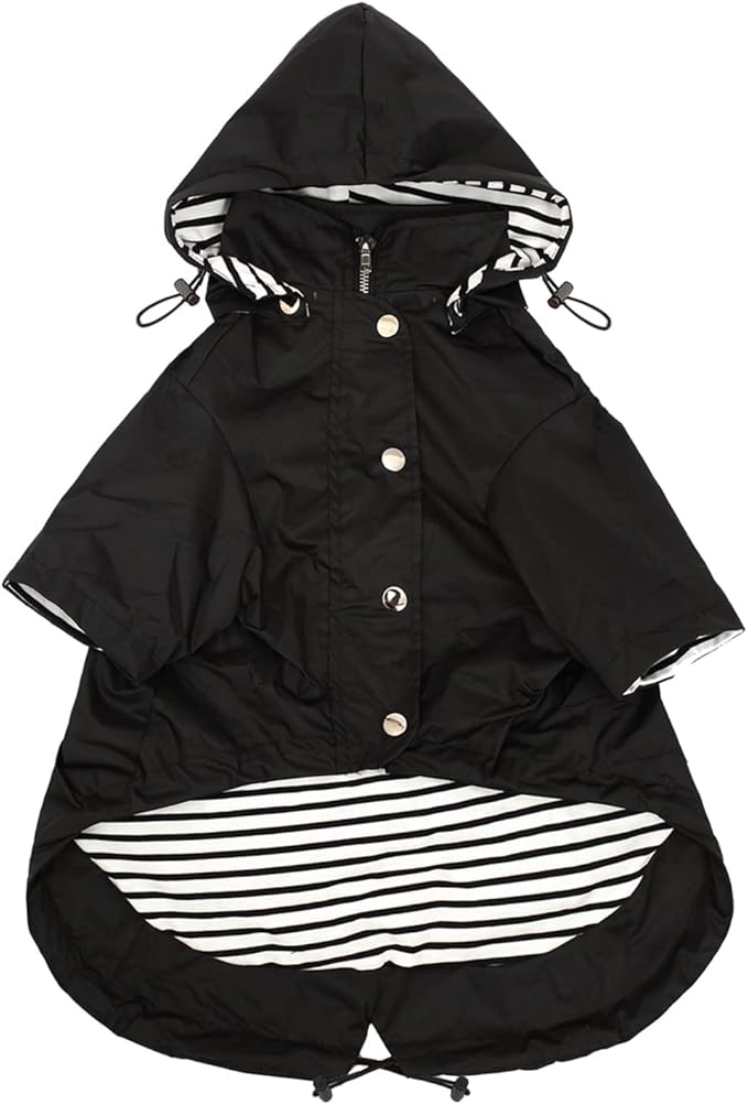 Morezi Dog Zip Up Raincoat with Reflective Buttons, Rain/Water Resistant, Adjustable Drawstring, Removable Hood, Raincoats with Legs 8lbs to 80lbs Available - Black - XL
