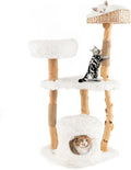 PETSITE 49-inch Cat Tree for Indoor Cats, Cute Solid Wood Modern Multi-Level Cat Tower with Scratching Posts, Top Cattail Basket Cat Bed, Side Perch, Large Platform, and Condo (White)