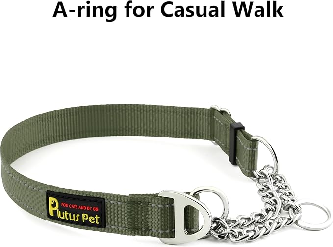 Plutus Pet Martingale Dog Collar with Stainless Steel Chain and Reflective Nylon, Adjustable No Pull Training Collar, for Small Medium, and Large Dogs, Ranger Green, M