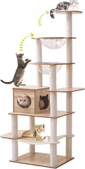 76-Inch Multi-Pure Wood-Level Cat Tree Tower with Condo, 16 Soft Plush Scratching Post,2 Space Capsule, with Cat Hammock,5-Story Perching Platform,Cat Tree for Large Cats.（1115）