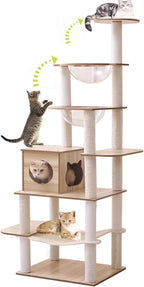 76-Inch Multi-Pure Wood-Level Cat Tree Tower with Condo, 16 Soft Plush Scratching Post,2 Space Capsule, with Cat Hammock,5-Story Perching Platform,Cat Tree for Large Cats.（1115）