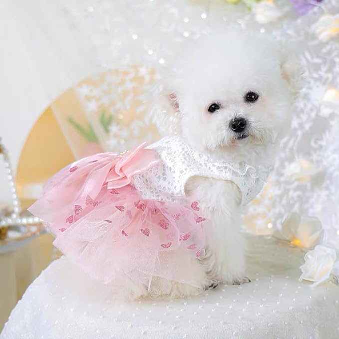 Pink Dog Dress for Small Dog Girl Spring Puppy Clothes with Bow Puff Sleeves Cat Outfit Doggy Princess with Leash Ring Doggies Harness Dress Summer Pet Apparel (Pink White, Small)