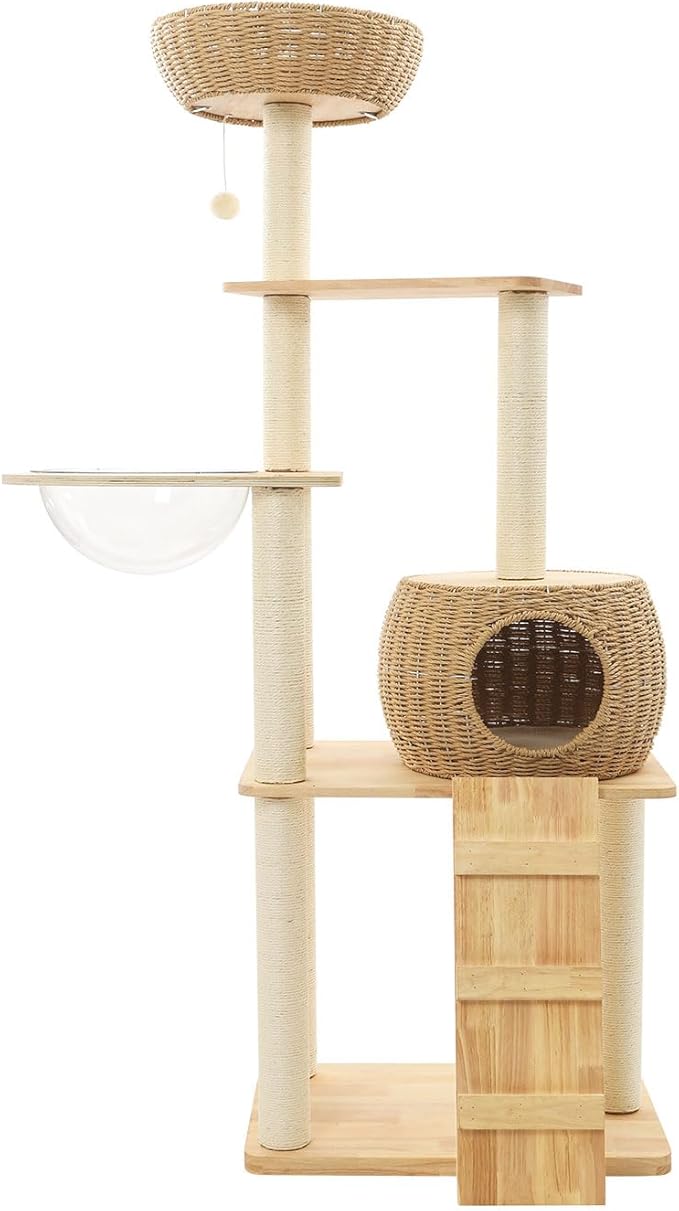 59" Big Modern Cat Tree, Multi-Level Cat Climbing Frame for Indoor Cats Tall Cats Tree with Cat Nest and Space Capsule Cat Tower with Sisal Scratching Posts Solid Oak Cat Condo