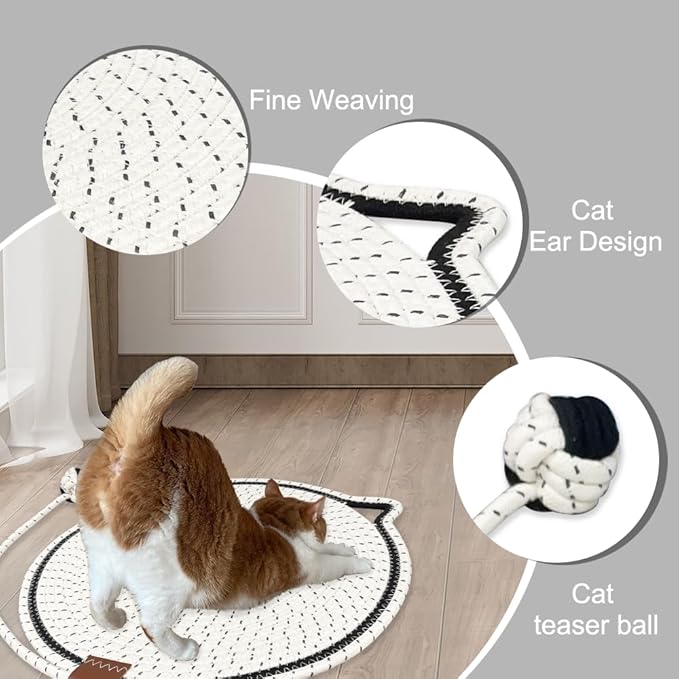 Personalized Cat Scratcher Mat, Customized with Name Text Natural Cotton Rope Round Horizontal Cat Scratching Pads with Ball Toy, Cat Furniture Protector for Wall, Couch, Carpets, Sofa (White)