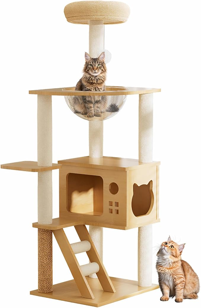 48.8" Tall Cat Tree Wood Multi-Level Cat Tower for Indoor Cats with Acrylic Hammock, Sisal-Covered Scratching Posts and Top Perch, Climbing Ladder for Small Large Cats (48.8")