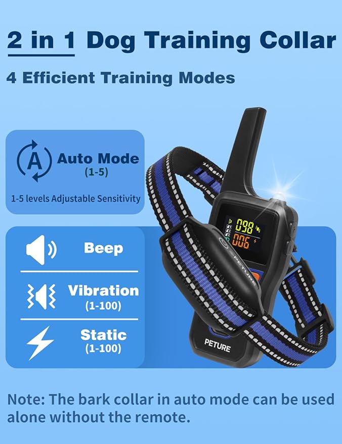Bark Shock Collar for Dogs, 3300Ft 2-in-1 Bark and Training Collar Combo with Beep, Vibration, Static & Auto Mode, IPX7 Waterproof Automatic Bark Collar for Small Medium Large Dogs (7-120lbs)