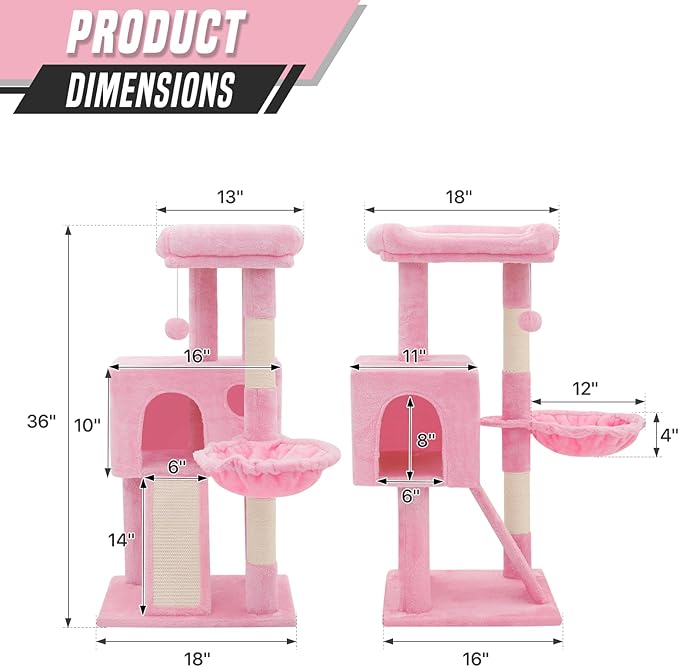 Cat Tree Tower with Cat Condo, Small Cat Tower with Scratching Post & Hammock, Cat Tree for Indoor Cats, 36 Inch, Soft Pink