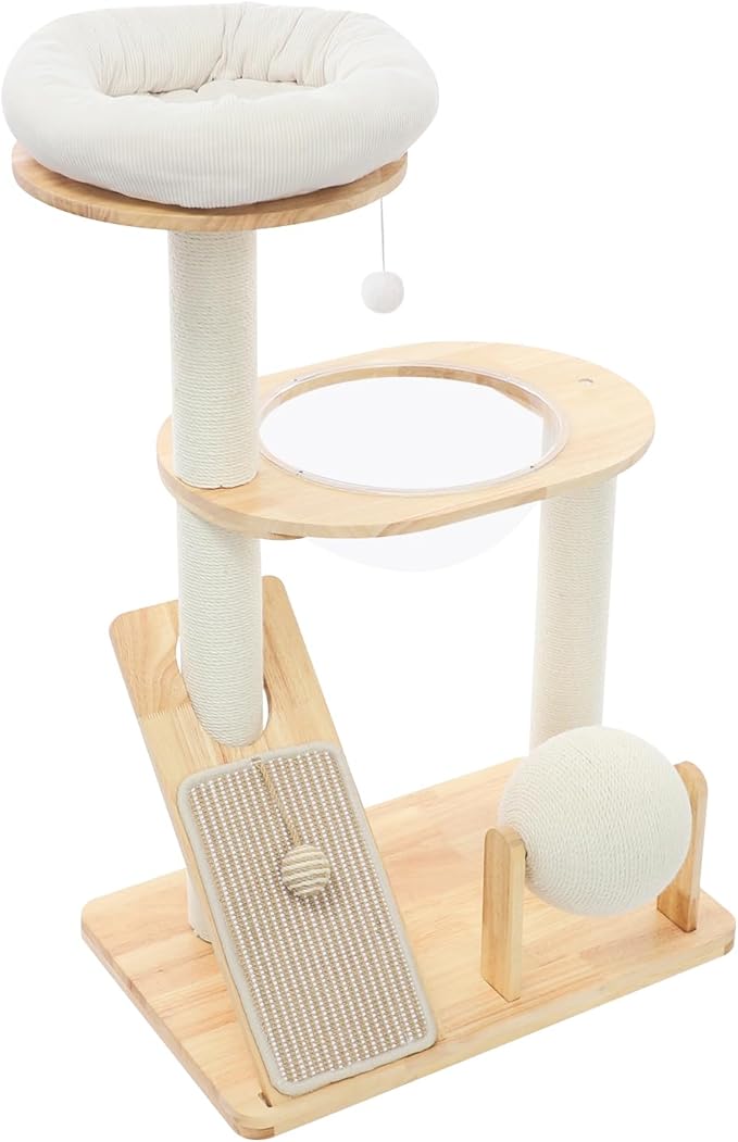 Wooden Cat Tree with Cuddle Bed and Scratching Posts, Multi-Level Cat Tower with Ramp and Ball, Compact Cat Furniture for Indoor Cats, Rubberwood Sisal Cat Climber for Small Spaces ﻿ (Style 2)