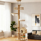 Stylish Wooden Cat Tree Tower for Indoor Cats, Featuring Sisal Scratching Posts, Cozy Hammock, Elevated Perch and Sturdy Base Design (Natural+White + MDF-3)
