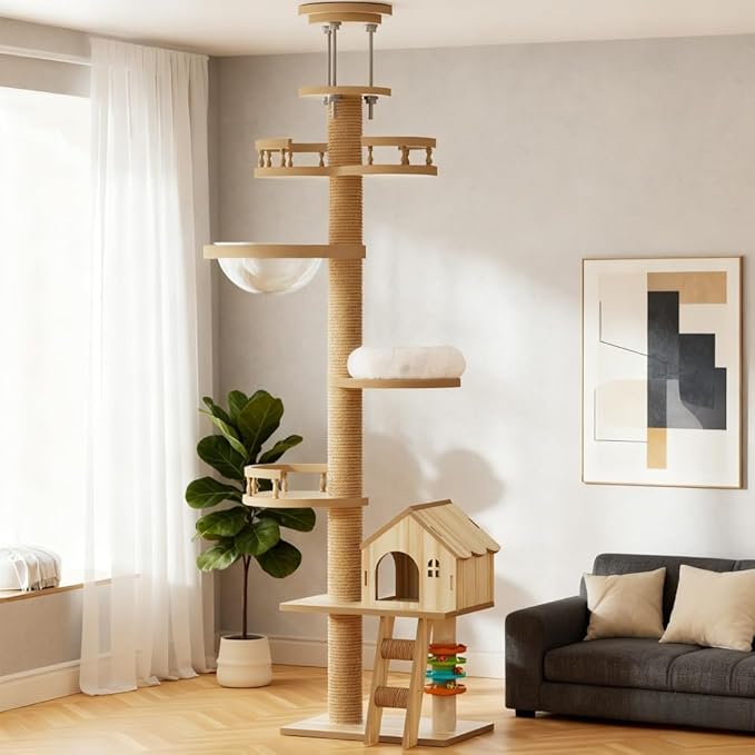 Stylish Cat Tree Tower with Scratching Posts, Cozy Hammock, and Elevated Perch for Indoor Cats – Modern Wooden Design (Natural+White + MDF-3)