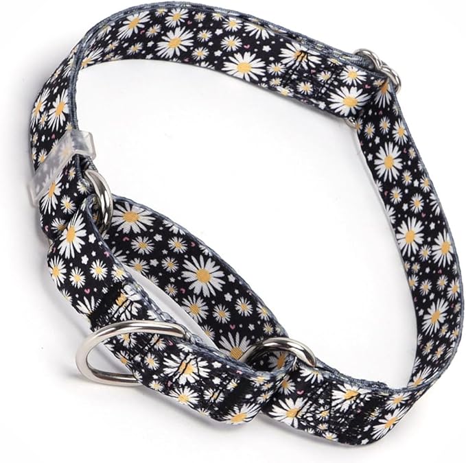 Black Martingale Collars for Dogs, Daisy Print No-Slip Escape Proof Choke No Pull Soft Nylon Training Dog Collars for Small Medium Large Breed Pet Dogs, S