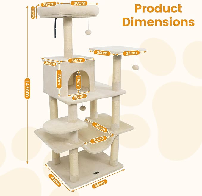 PETSITE Multi-Level Cat Tree, 58 Inches Tall with Sisal Scratching Posts, Condo, Hammock, Dangling Balls, Jumping Platforms, and Cozy Top Perch, Ideal for Indoor Cats to Play and Rest (Beige)