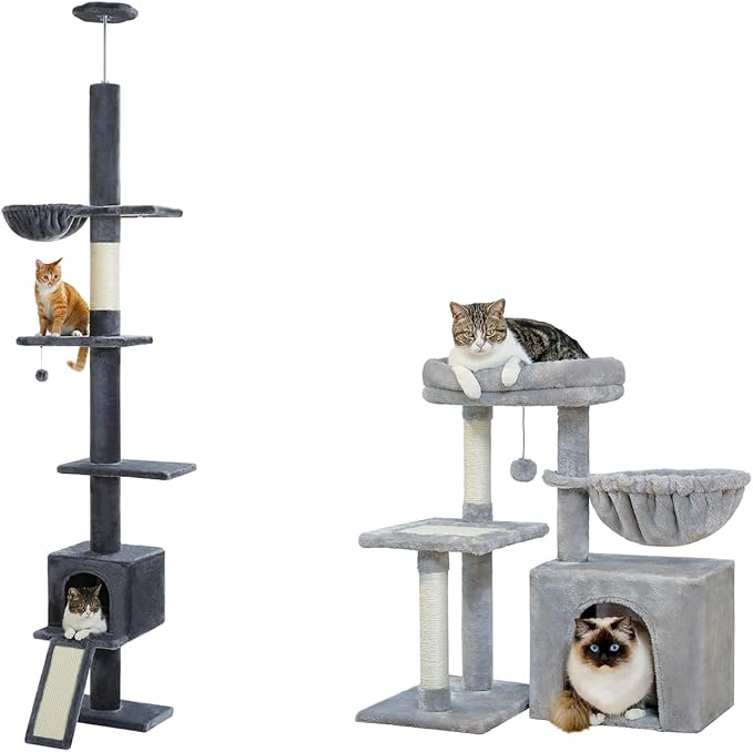 PEQULTI Cat Tree Floor to Ceiling, Tall Cat Tower, Adjustable Height (83''~108'') 5 Tiers Cat Climbing Tree and PEQULTI Small Cat Tree, [28.5''] Cat Tower for Indoor Cats